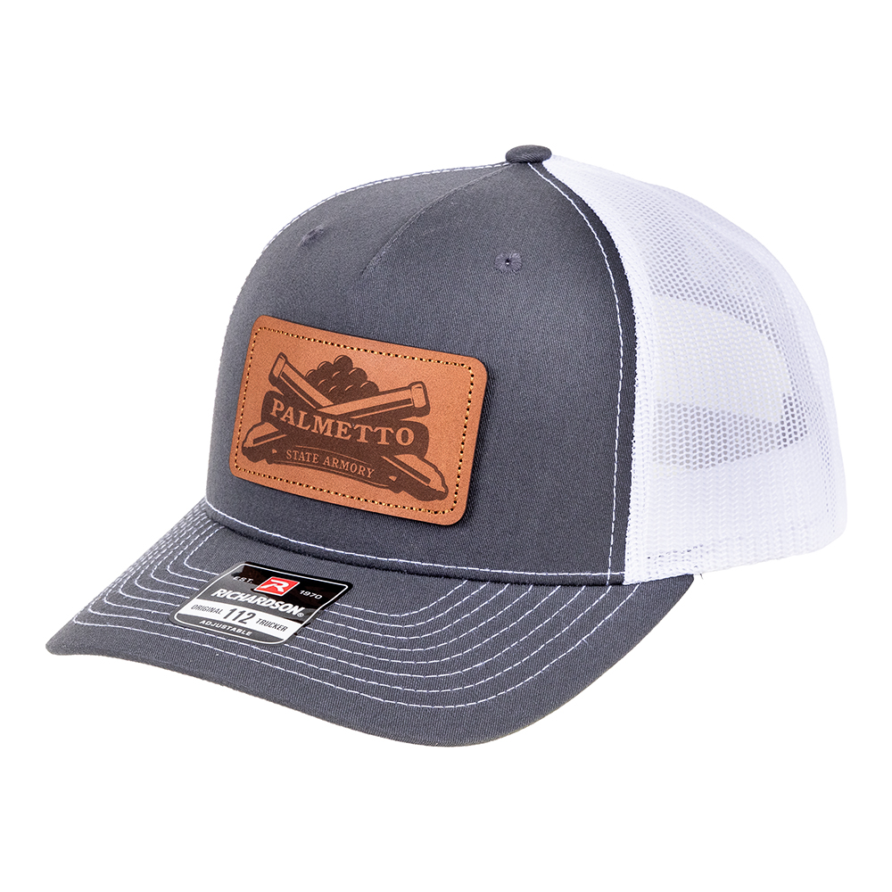 PSA Leather Patch Richardson 5 Panel Trucker Hat, Charcoal