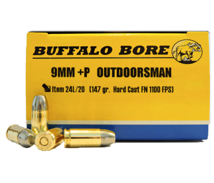 Buffalo Bore Outdoorsman 9mm Luger +P 147 grain Hard Cast Flat Nose Handgun Ammo, 20/Box - 24L/20