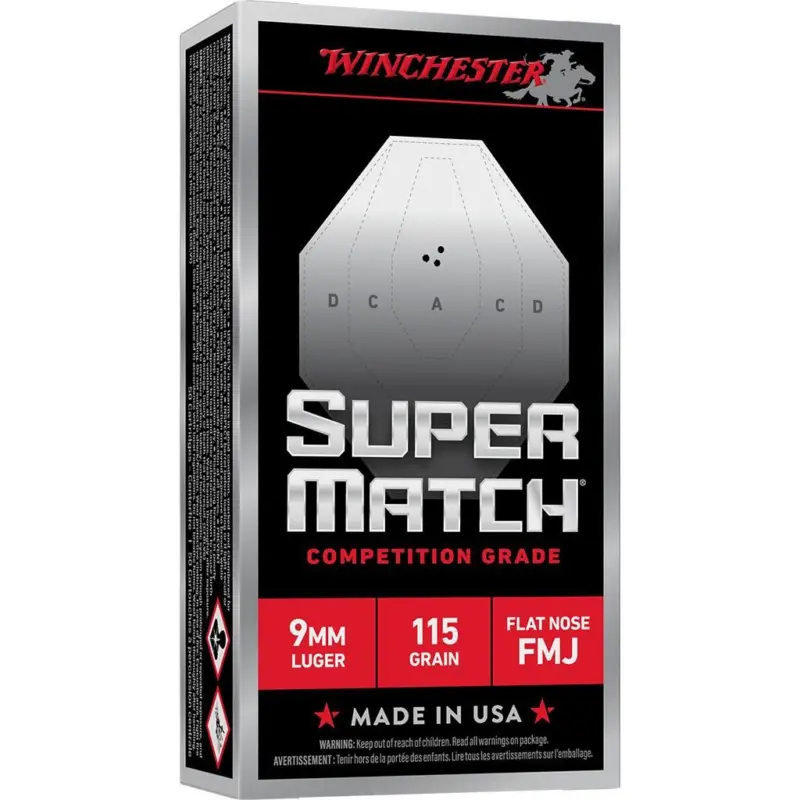 Winchester Super Match Flat Nose Handgun Ammunition 9mm Luger 115gr FMJ 1215fps 50/ct