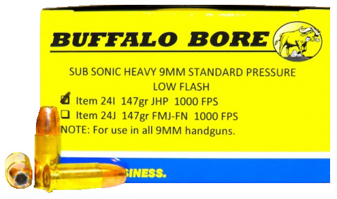 Buffalo Bore Subsonic Heavy Standard Pressure 9mm Parabellum/Luger 147 grain Jacketed Hollow Point Pistol and Handgun Ammo, 20/Box - 24I/20