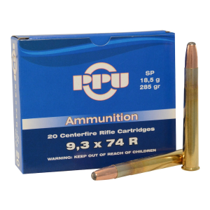 PPU 9.3x74mm Rimmed Ammo 285 Grain Jacketed Soft Point Box of 20