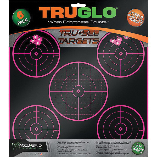 TruGlo Tru See 12" x 12" Splatter Self-Adhesive Silhouette 5-Bullseye Target, Pink/Black, 6/pack - TG11P6