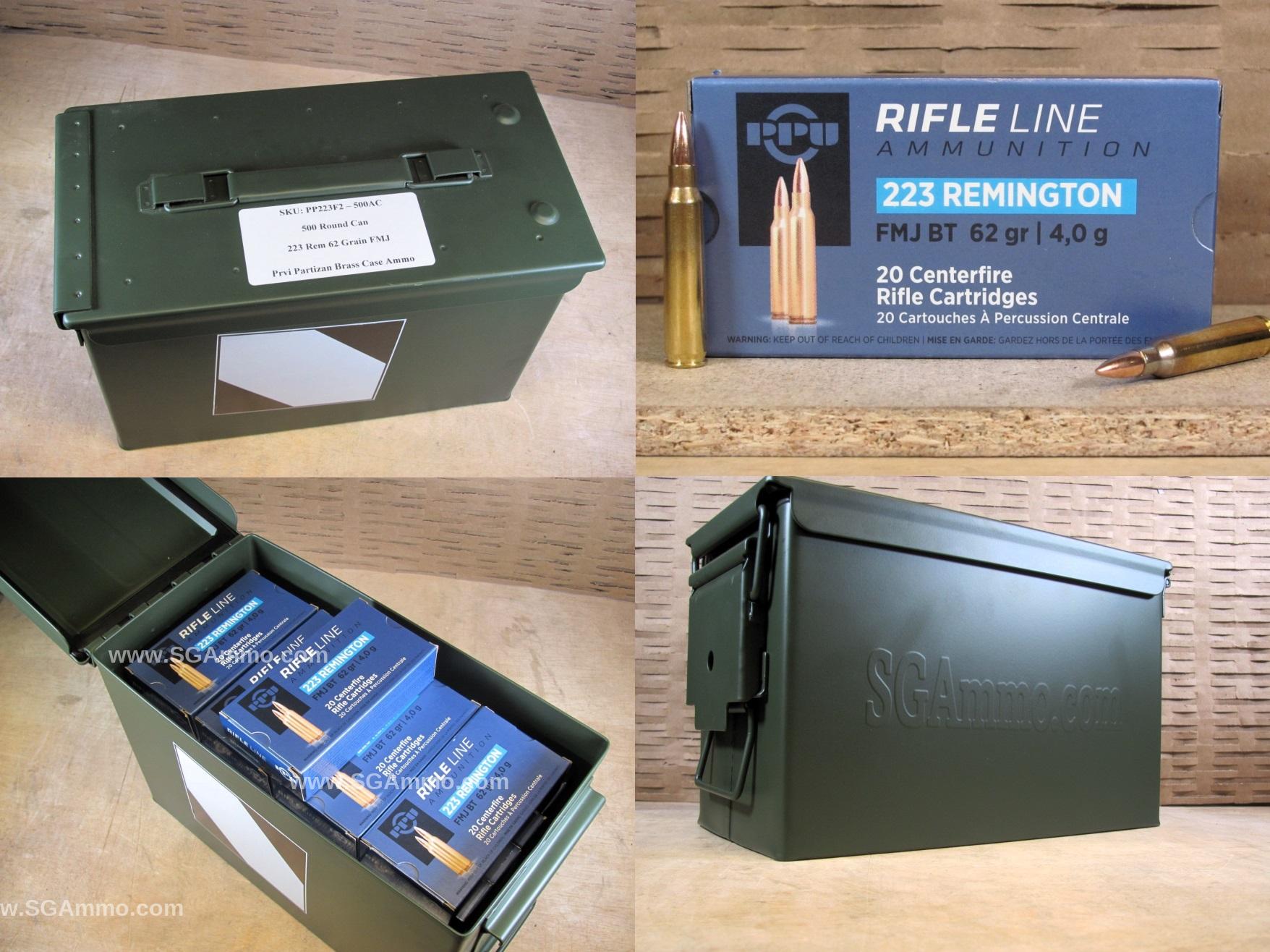 500 Round Can – 223 Rem 62 Grain FMJ Prvi Partizan Non-Magnetic Bullet Brass Case Ammo – PP223F2 – Packed in M2A1 Canister