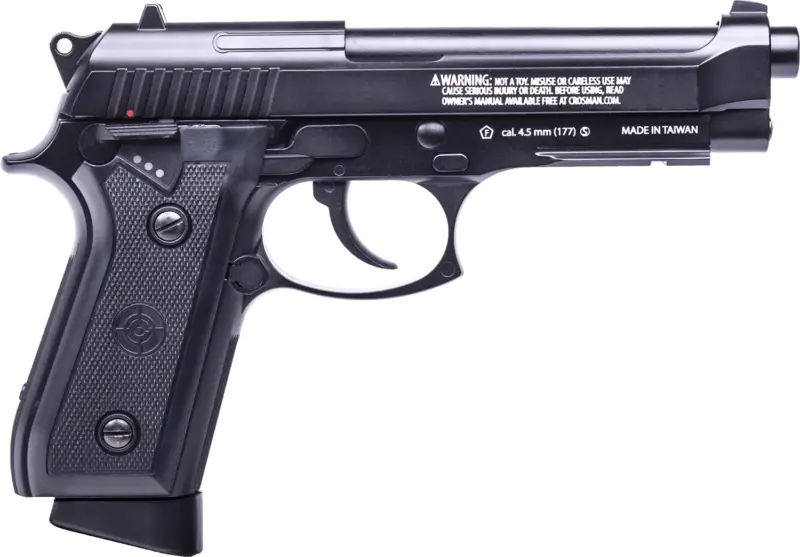 Crosman PFAM9B Full Auto Air Pistol CO2 177 BB 20rd Smooth Bore Brass Barrel, Blow Back Action, Fixed Front/Notched Rear Sights, Full Metal Frame, Black Polymer Grips, Selector Safety