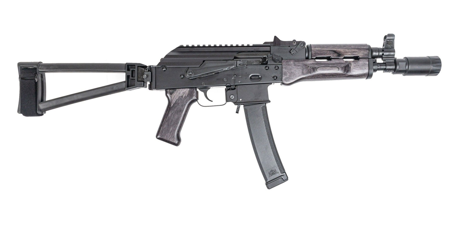 PSA AK-V 9mm Triangle Folding Pistol with Linear Comp Flash Can, "Black Satin"