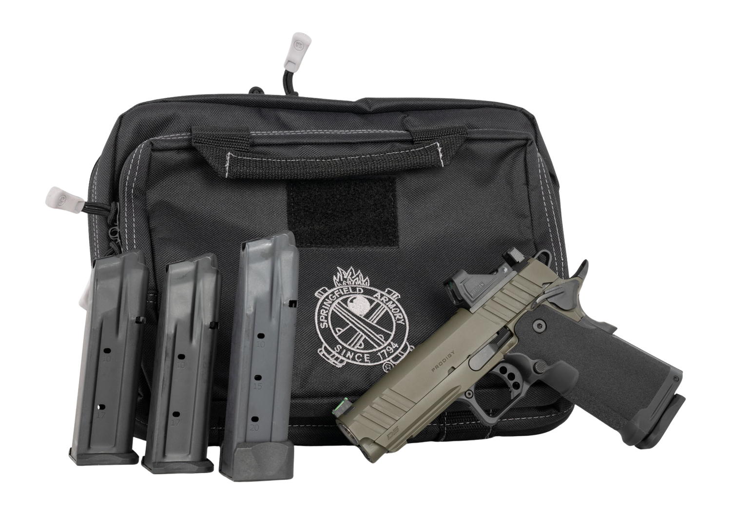 Springfield Prodigy Double Stack 1911 Bundle 4.25" 9mm (3)17rd/ (1)20rd Pistol, ODG/Black w/ Viridian RFX11 Green Dot Optic and Bag - PH9117AOSBG-PAC