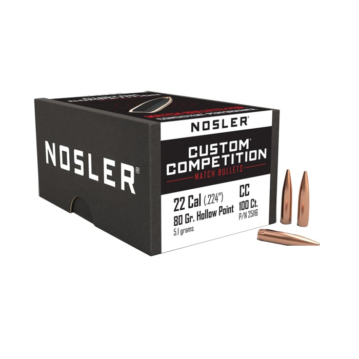 Nosler Custom Competition .22 Cal JHPBT Rifle Bullet, 80 gr 0.224" 100rds