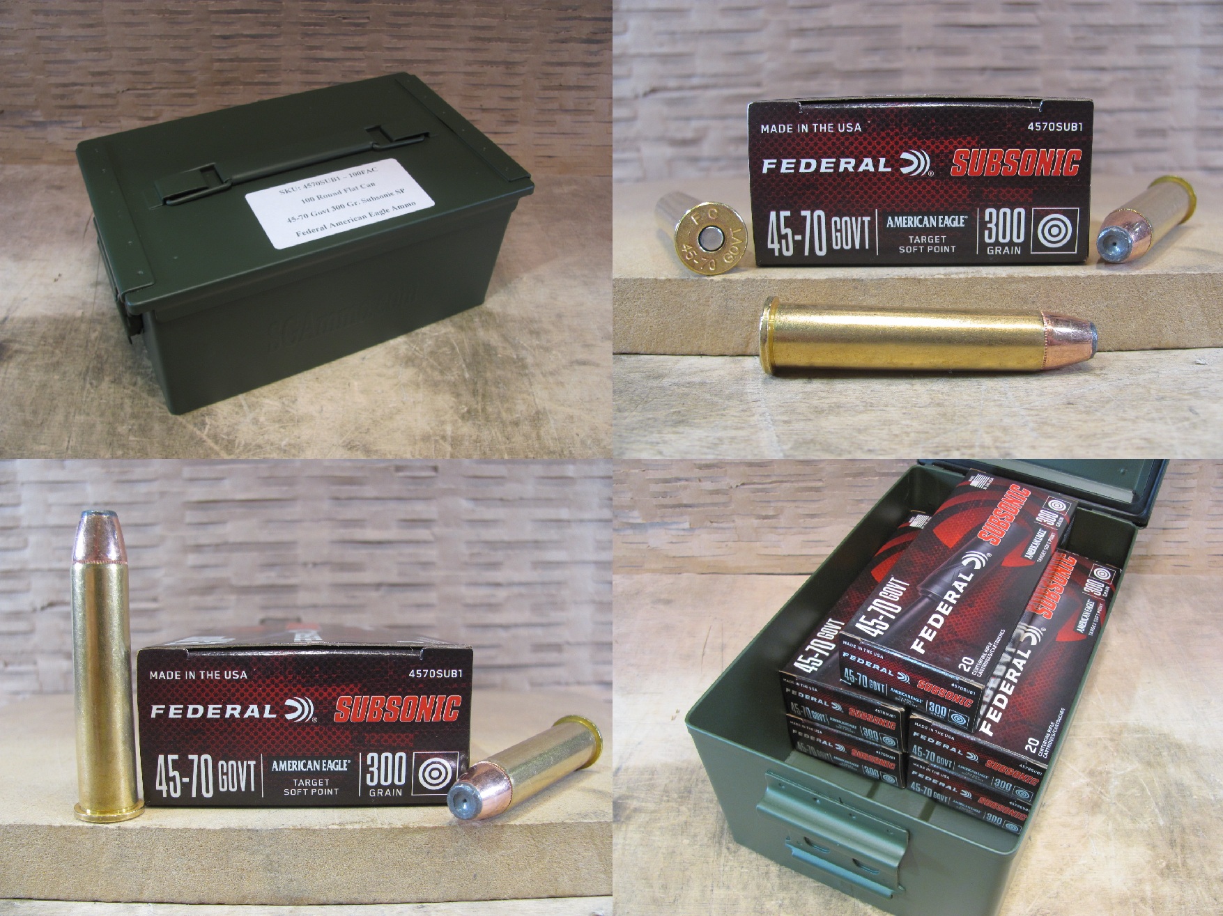 100 Round Flat Can – 45-70 Govt 300 Grain Federal American Eagle Subsonic Target Soft Point Ammo – 4570SUB1 – Packed in Metal Canister
