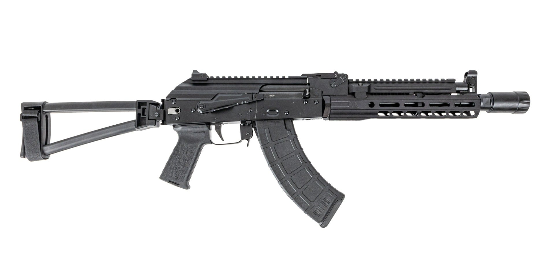 PSA AK-104 GF5 Triangle Side Folding Pistol with Triangle Brace, PSA-SLR SOLO 9.45" Rail, ALG Trigger, Hinged Dust Cover, and Linear Comp