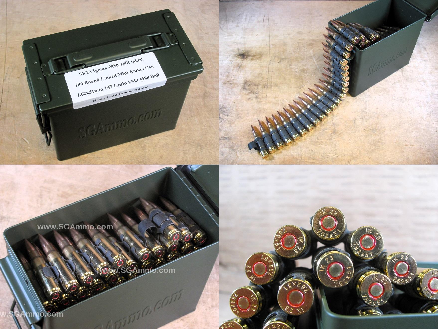 100 Round Can – Linked 7.62x51mm 147 Grain M80 Ball Ammo By Igman On M13 Links – In Mini Canister