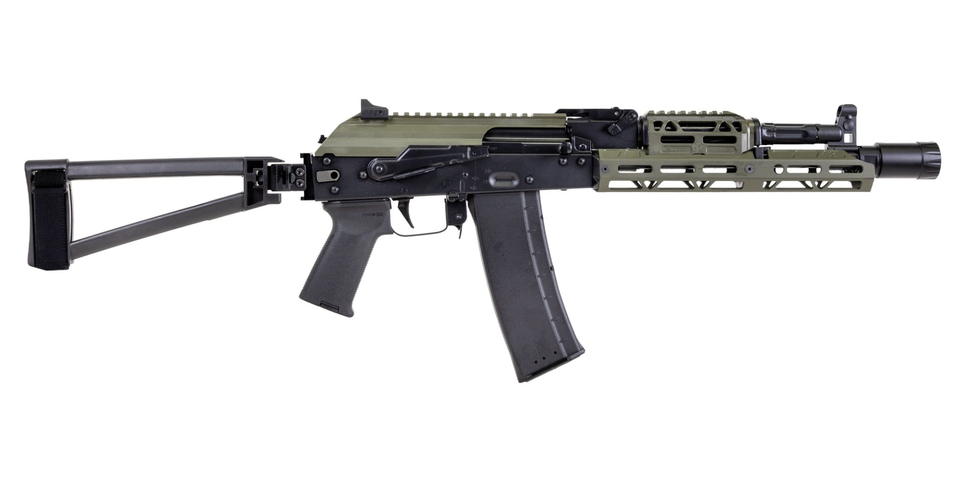 PSA AK-102 Triangle Side Folding Pistol - ODG With Hinged Dustcover, JL Billet Rail,  Toolcraft Trunnion, Bolt, And  Carrier