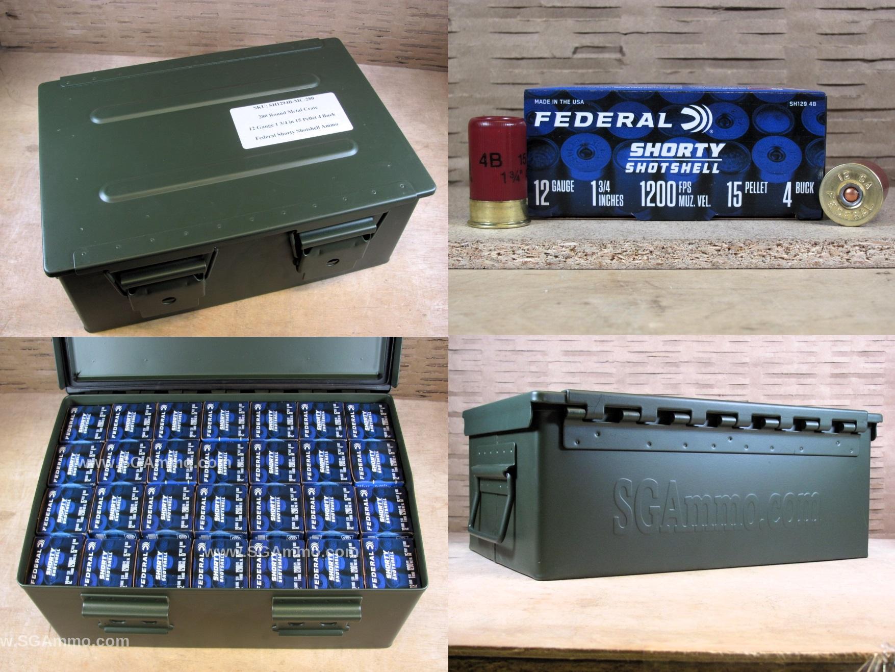 280 Round Crate Canister – 12 Gauge 1 3/4 Inch 15 Pellet 4 Buck 1200 FPS Federal Shorty Shotshell Ammo – SH1294B