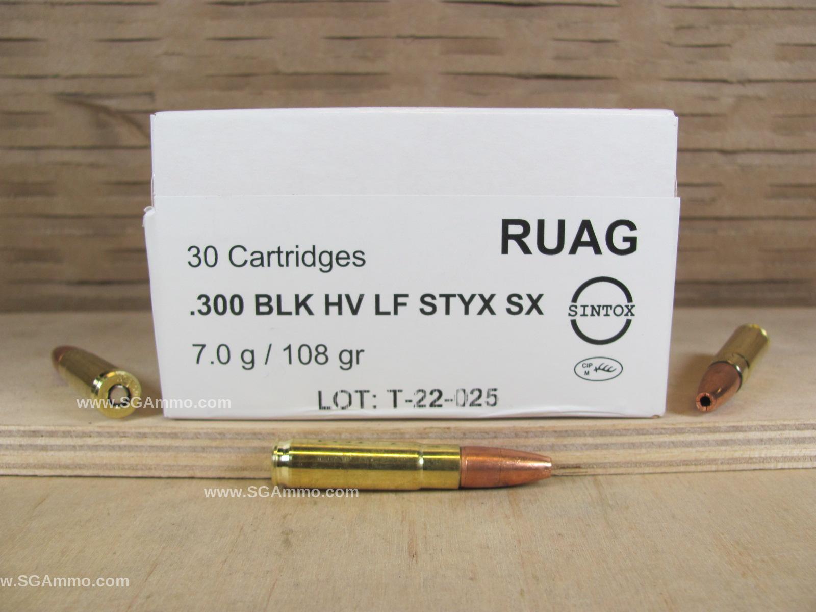 30 Round Box – 300 Blackout 108 Grain HV LF STYX SX Ruag Ammo Made in Switzerland