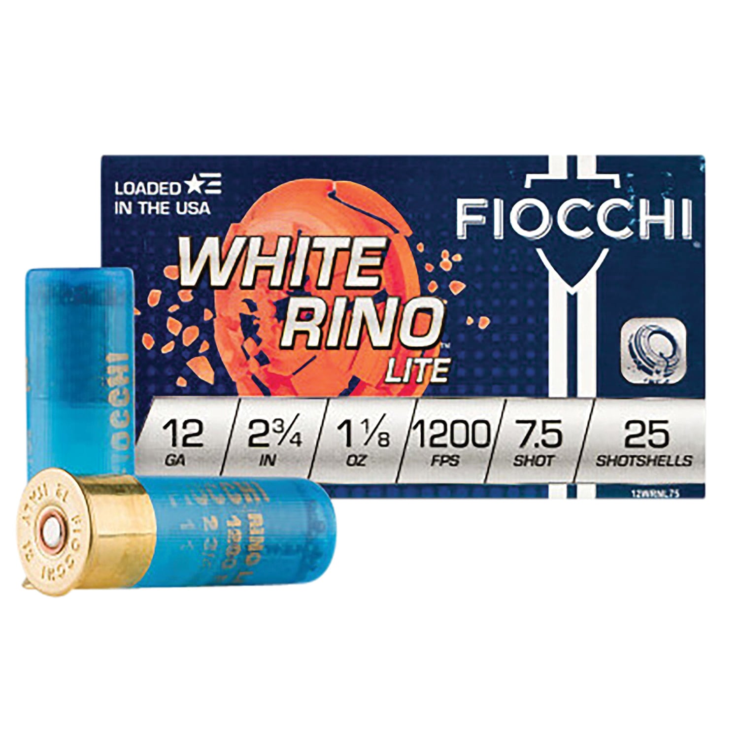 Fiocchi White Rino Lite Shotshells 12 ga 2-3/4″ 1-1/8oz 1200 fps #7.5 25/ct - No Credit Card Fees - Low, flat rate shipping