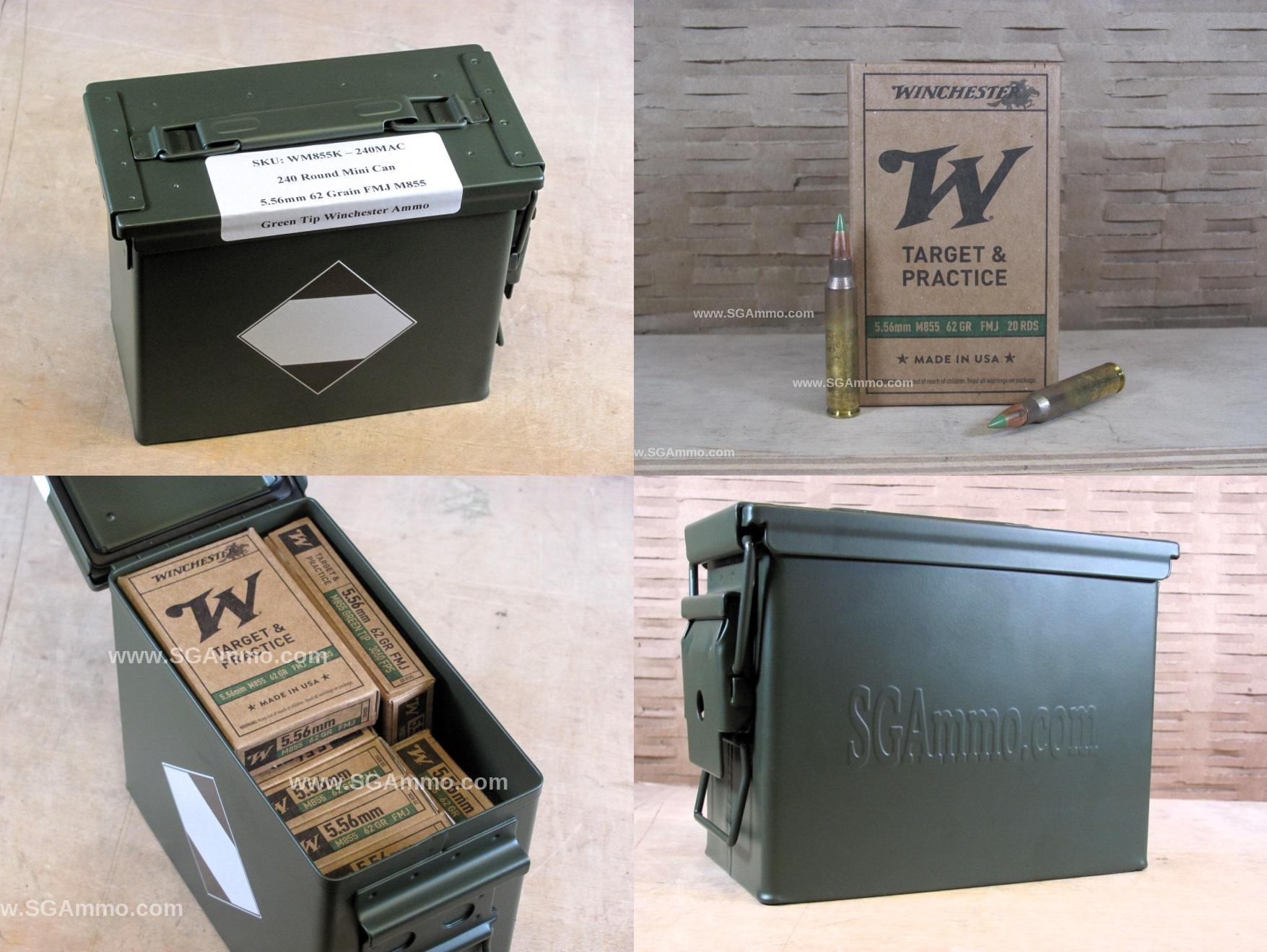240 Round Can – 5.56mm 62 Grain FMJ M855 Green Tip Winchester Ammo – WM855K – Packed in Mini Ammo Canister