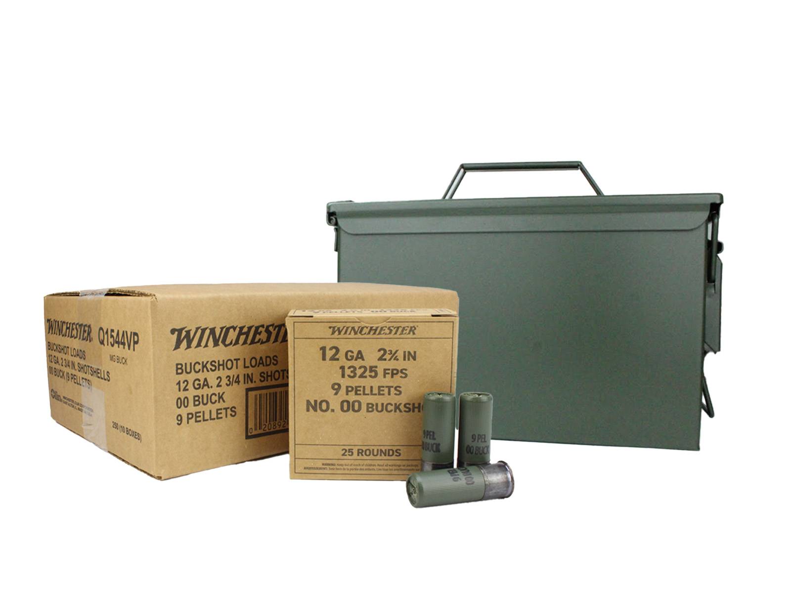Winchester Military Grade 12 Ga 2.75 9 Pellets 00 Buck Shot Value Pack (Case) w/ 50 Cal Heavy Duty Ammo Can
