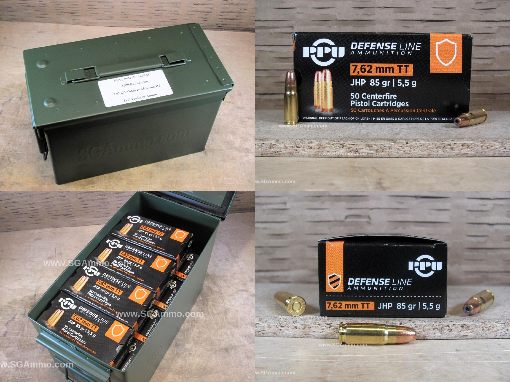 1000 Round Can – 7.62×25 Tokarev 85 Grain Hollow Point Prvi Partizan New Non-corrosive Ammo – PPD7T – Packed in M2A1 Canister