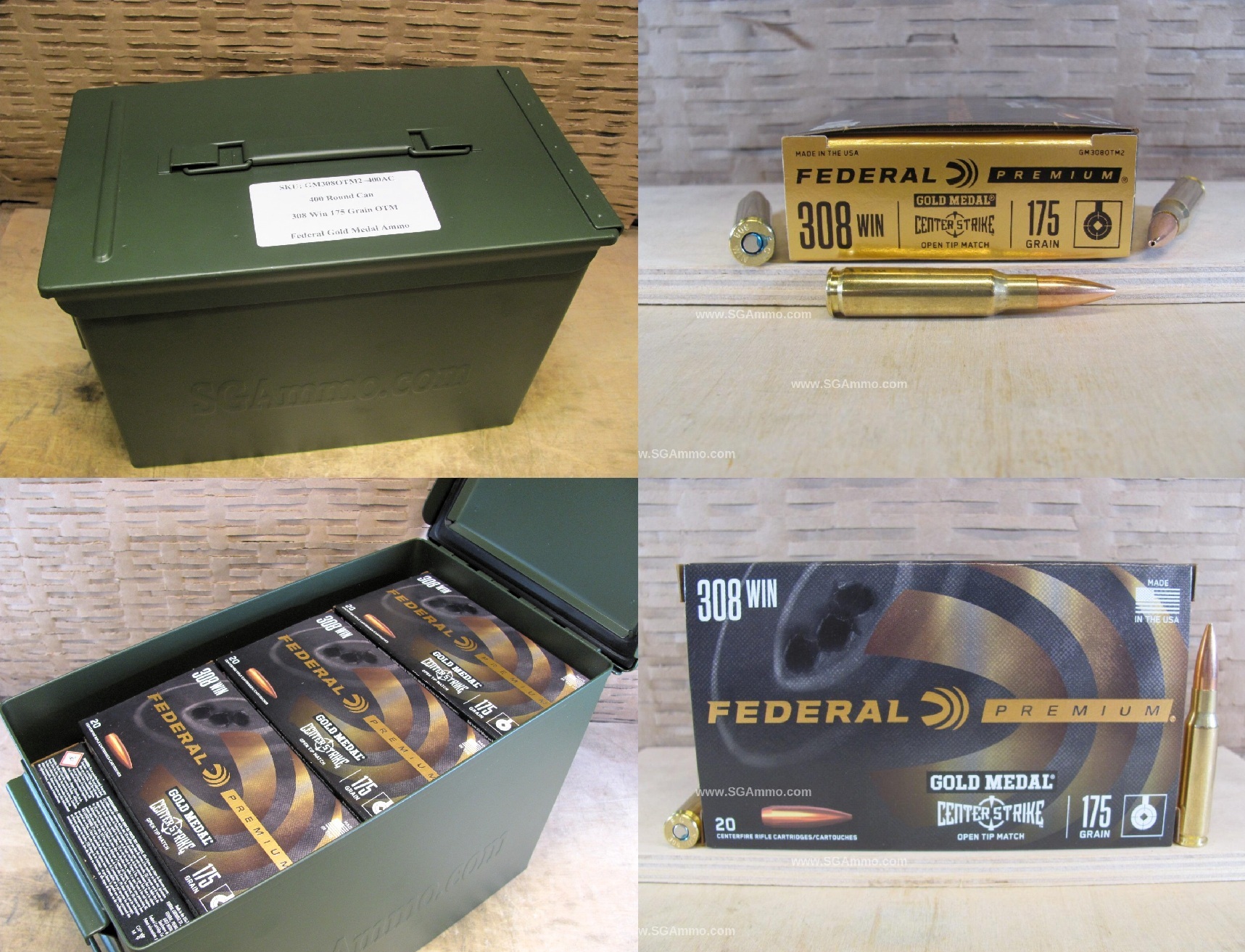 400 Round Can – 308 Win 175 Grain Open Tip Match Federal Premium Gold Medal Ammo – GM308OTM2 – Packed in PA108 SAW Canister