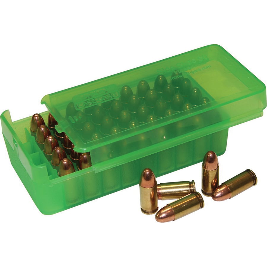 MTM Case Gard P50SS 9mm Luger/.30 Luger/.32 S&W/.380 ACP/9mm Makarov 50 Round Side-Slide Ammo Box, Clear Green - P50SS9M16