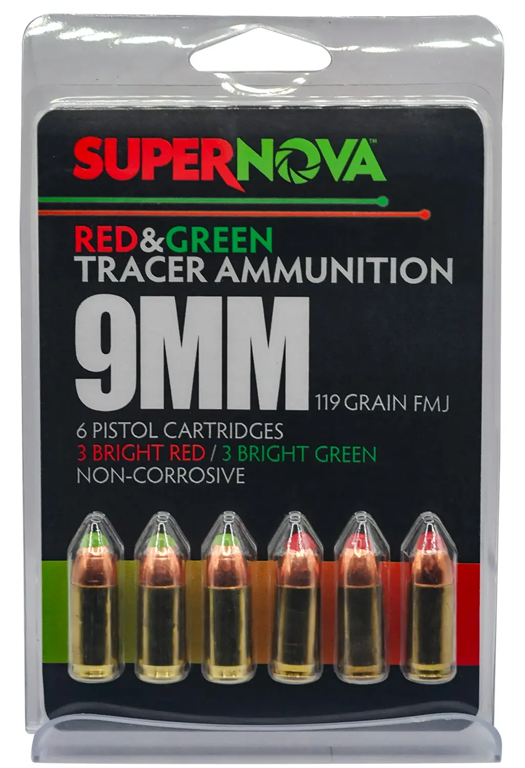 Supernova PMSN9MMMP Green/Red Tracer 9mmLuger 119Gr Full Metal Jacket 6 Per Box/60 Case