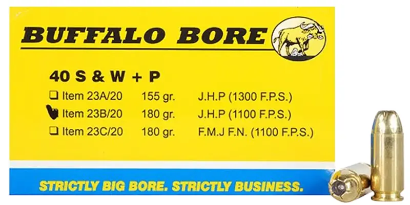Buffalo Bore Ammunition 23B20 Heavy Strictly Business 40S +P 180gr Jacket Hollow Point 20 Per Box/12 Case