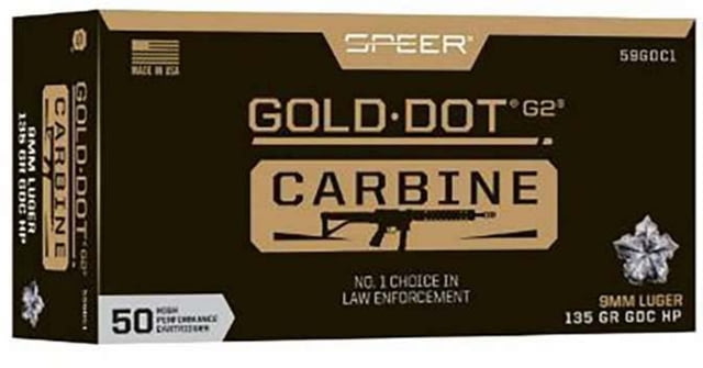 Speer Gold Dot Carbine 9mm Luger 135grain Carbine Brass Pistol Ammo 50 Rounds