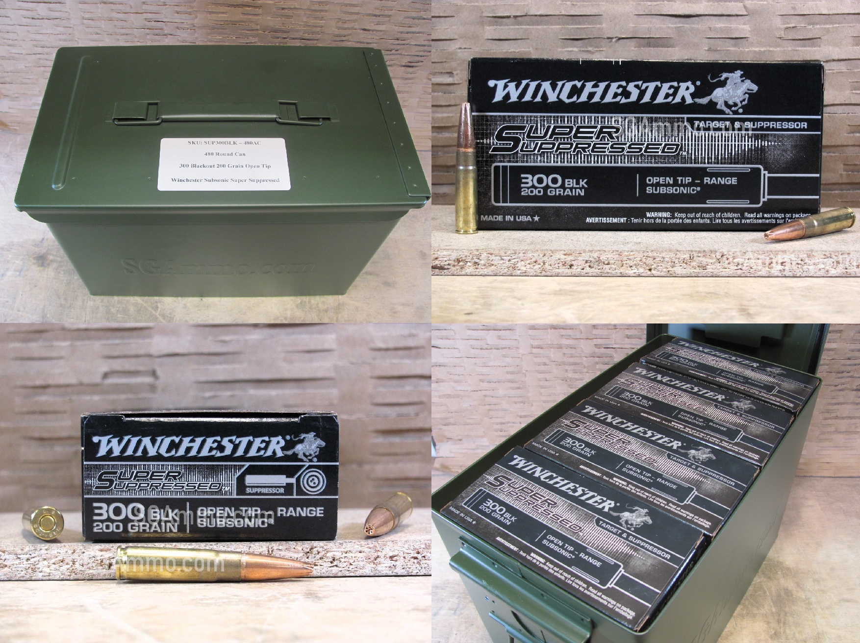 480 Round Can – 300 Blackout 200 Grain Open Tip Subsonic Winchester Super Suppressed Ammo – SUP300BLK – Packed in PA108 SAW Canister