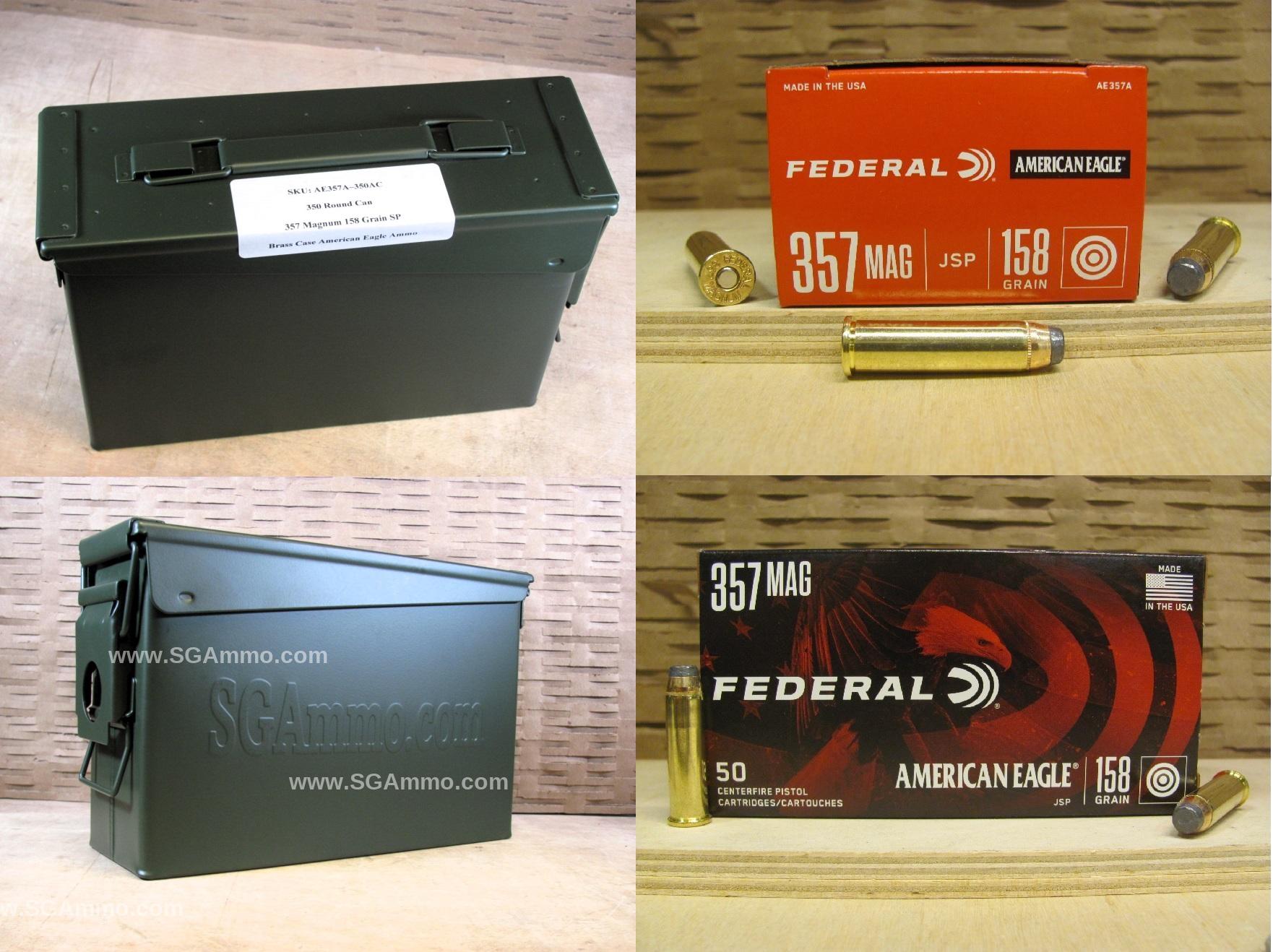 350 Round Can – 357 Magnum Federal American Eagle 158 Grain Jacketed Soft Point Ammo – AE357A – Packed in M19A1 Canister