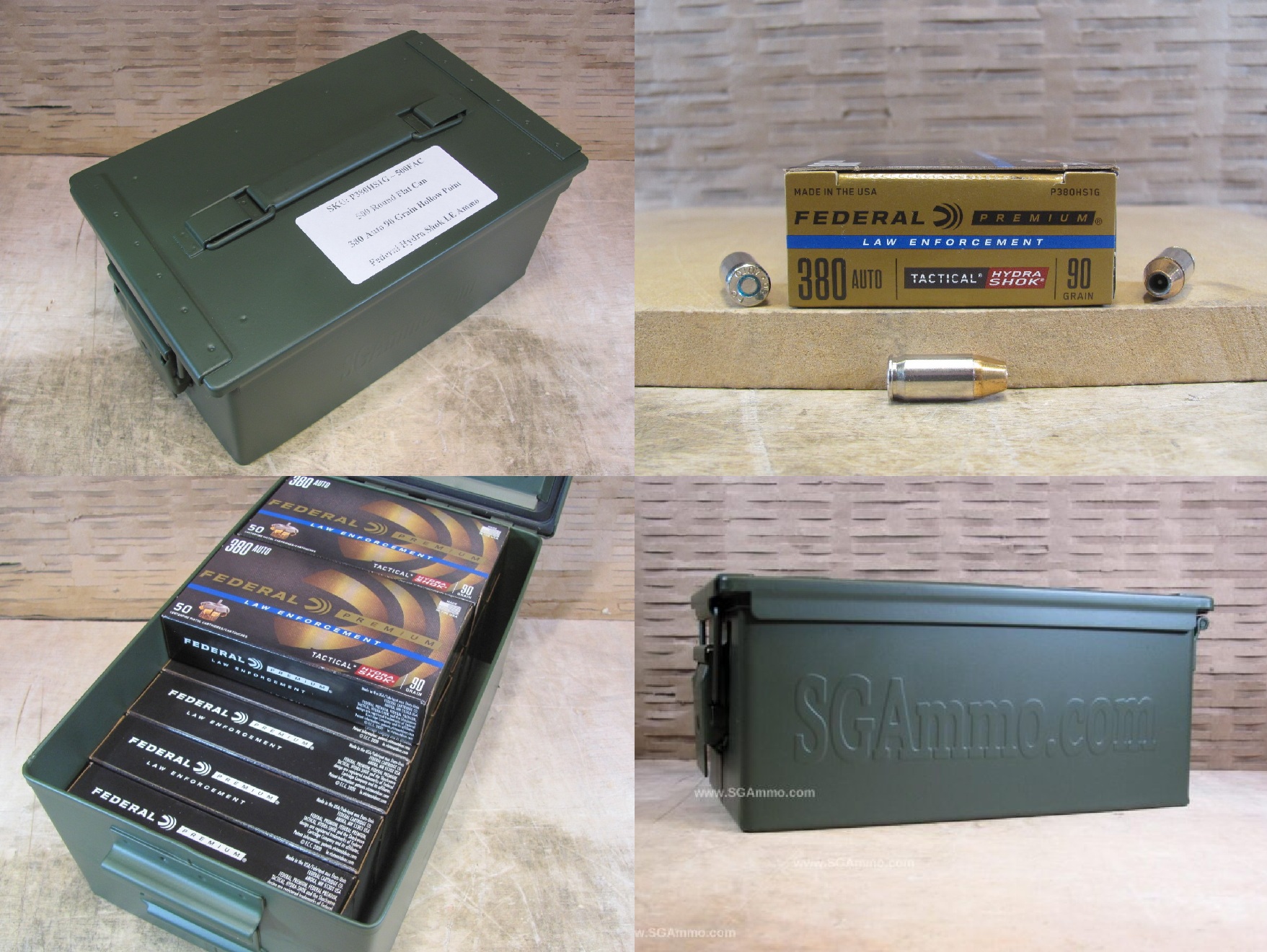 500 Round Flat Can – 380 Auto Federal Hydra Shok LE 90 Grain Hollow Point Ammo – P380HS1G – Packed in Metal Canister