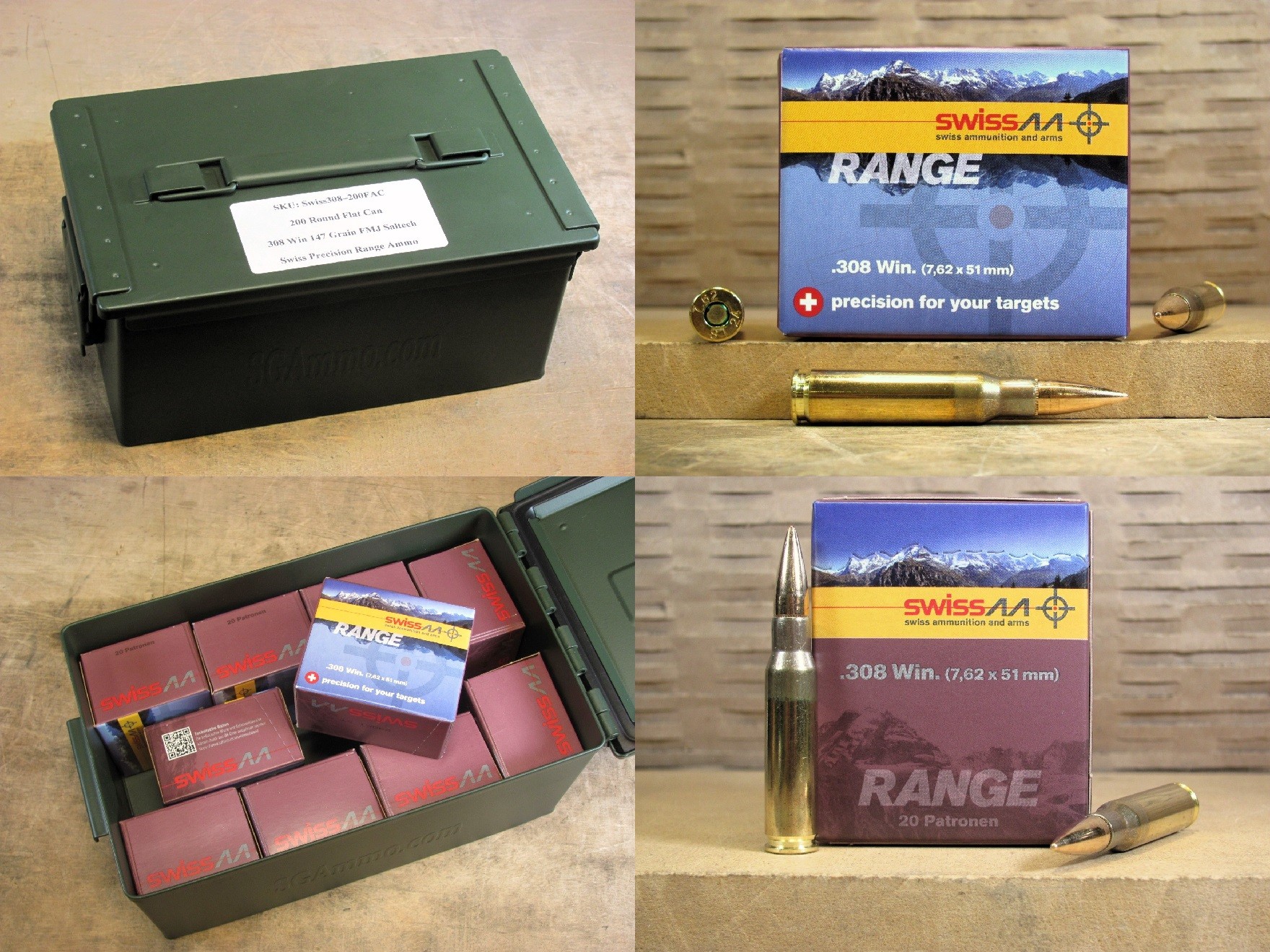 200 Round Flat Can – .308 Win 147 Grain FMJ Saltech Swiss Precision Range Ammo – Packed in Metal Canister