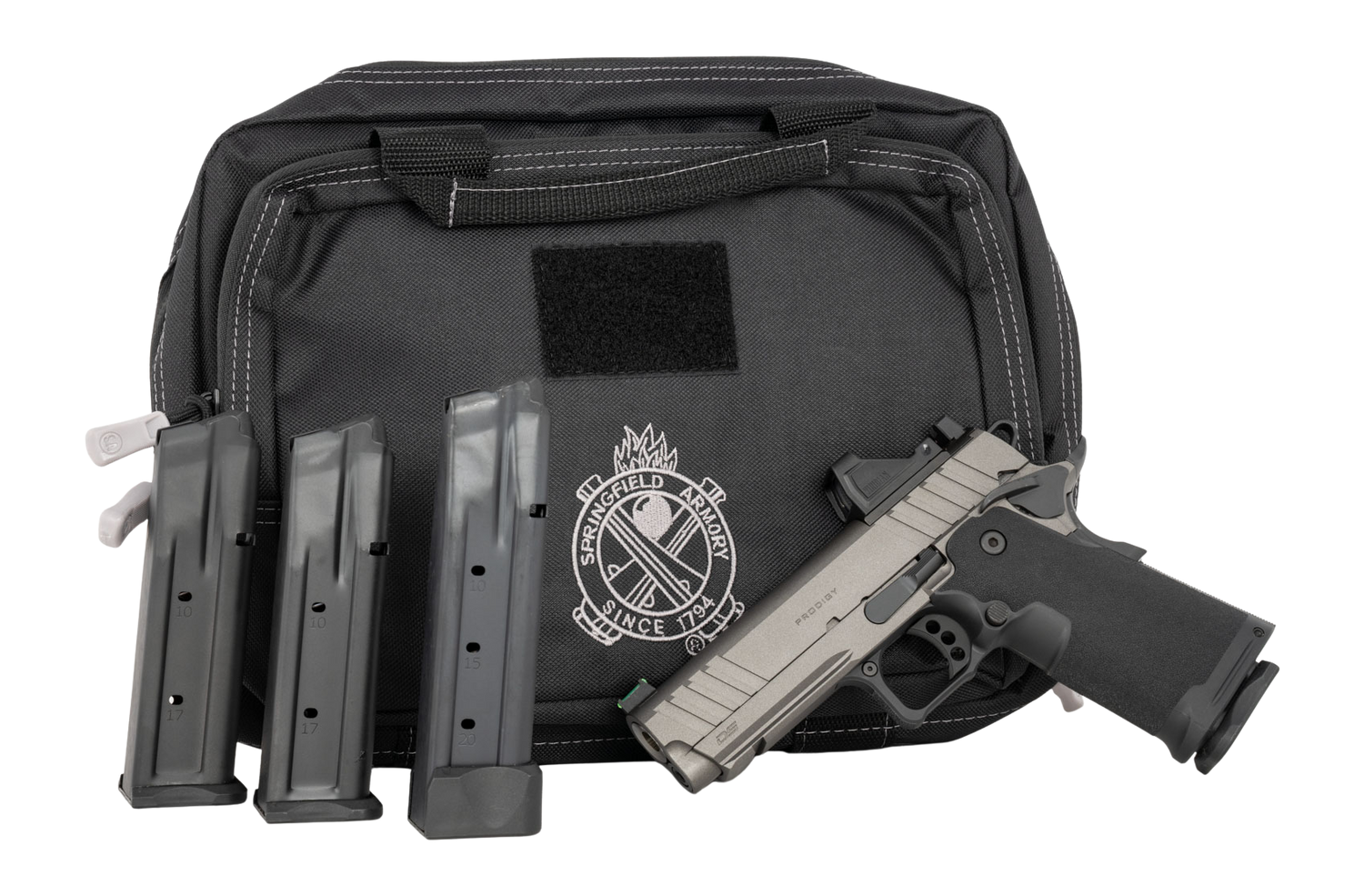 Springfield Prodigy Double Stack 1911 Bundle 4.25" 9mm (3)17rd/ (1)20rd Pistol, Tung/Black w/ Viridian RFX11 Green Dot Optic and Bag - PH9117AOSBT-PAC