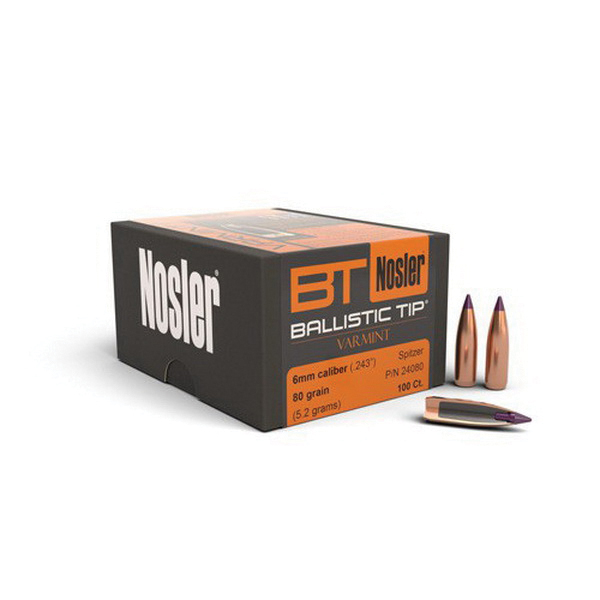 Nosler Ballistic Tip Varmint 6mm 80 gr SBT Rifle Bullet, 100/box - 24080