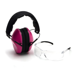 Pyramex-Safety Pyramex Low Profile Combo Kit Passive Pink Ear Muff 24dB Clear Shooting Glasses Clear with Clear Lens