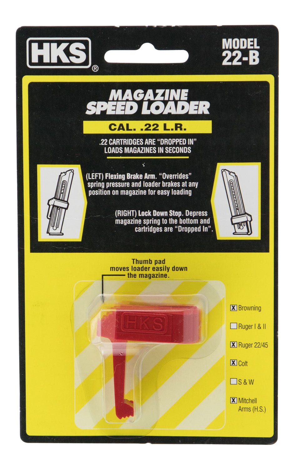HKS Browning Buck Mark Challenger II/Ruger 2245/Mitchell Arms .22lr Plastic Magazine Speedloader, Red - 22B