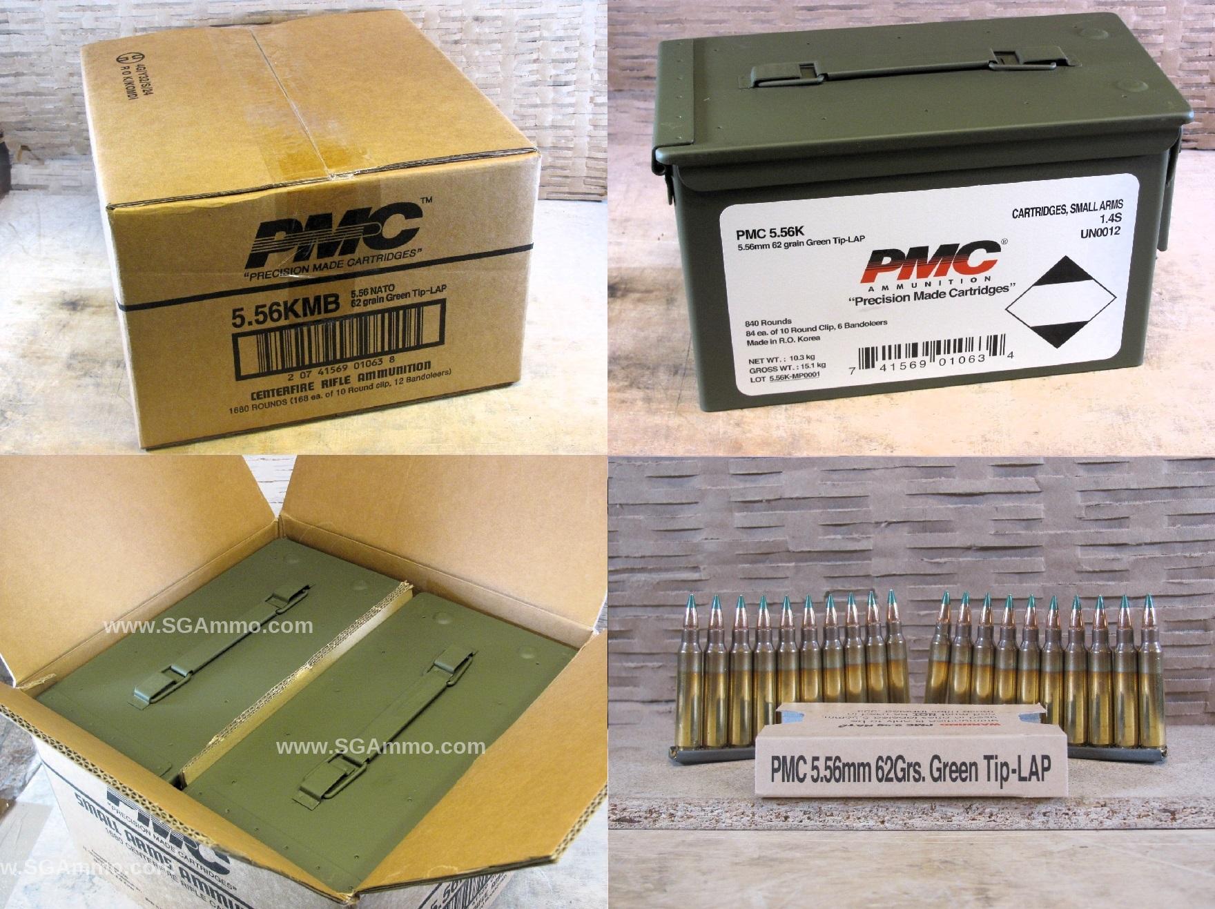 1680 Round Case – 5.56mm 62 Grain Green Tip M855 Ammo by PMC on AR15 Stripper Clips and Bandoleers in Ammo Cans – 556KMB – 2 Cans