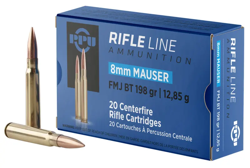 PPU PP8F Metric Rifle 8mmMauser 198gr Full Metal Jacket Boat Tail 20 Per Box/10 Case