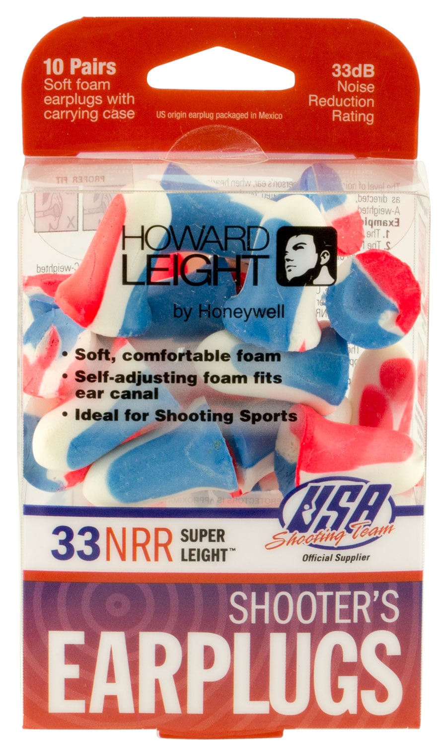 Howard Leight USA Shooters 33 dB Single Use Ear Plug, Red/White/Blue, 10 Pair/pack - R-01891