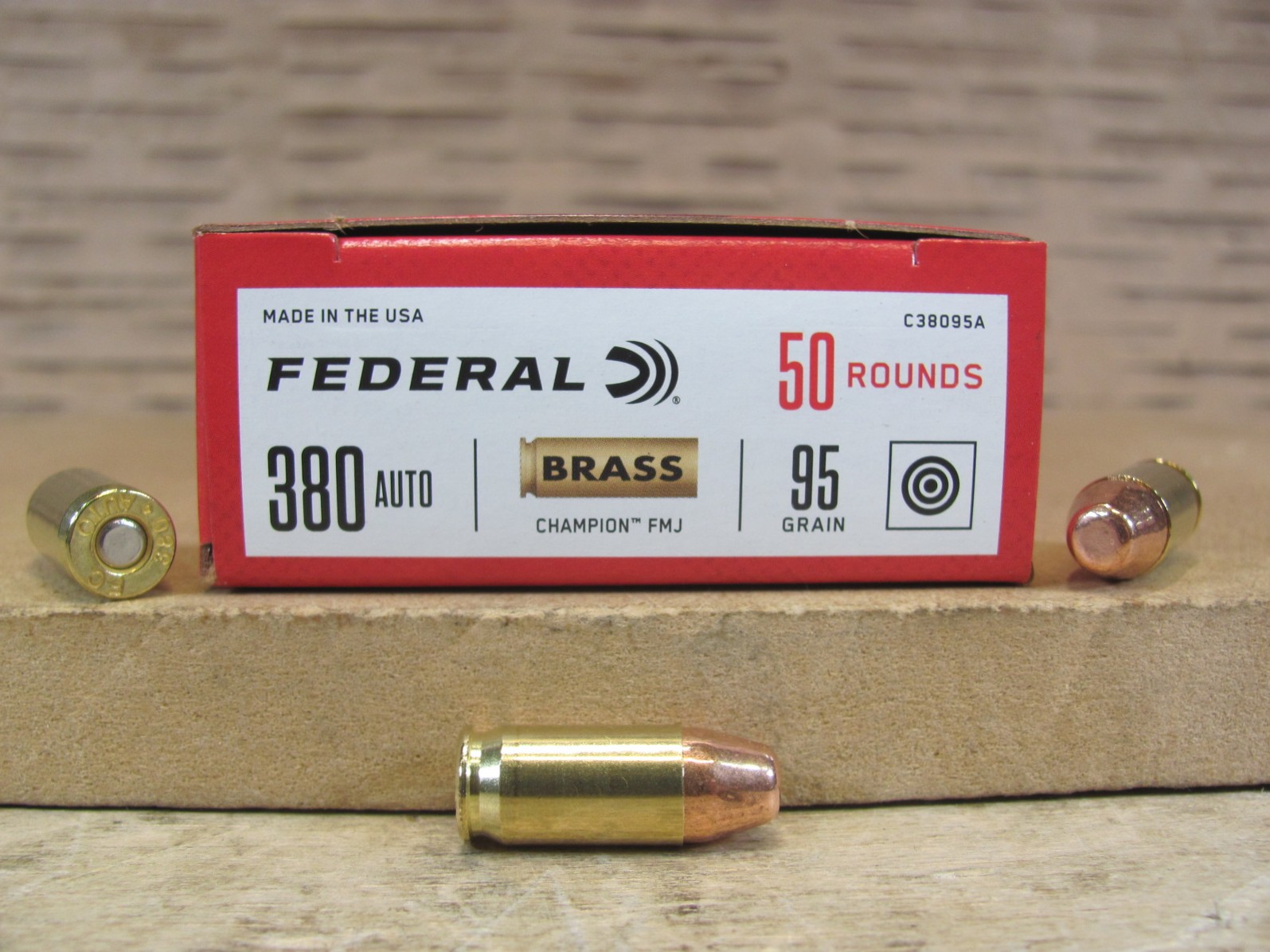 50 Round Box – 380 Auto 95 Grain FMJ Federal Champion Brass Ammo – C38095A
