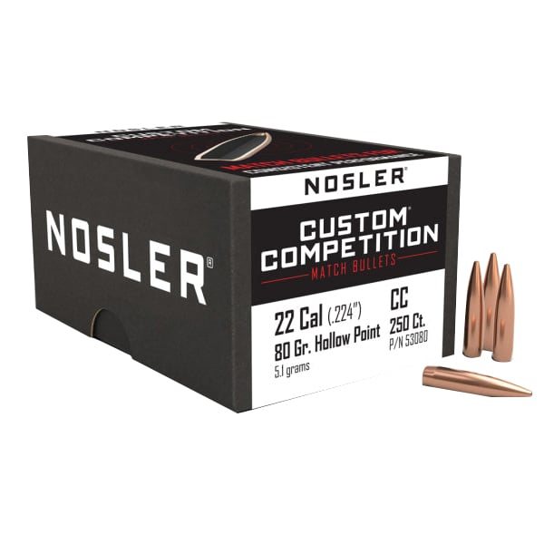 Nosler Custom Competition .22 Cal JHPBT Rifle Bullet, 80 gr 0.224" 250rds