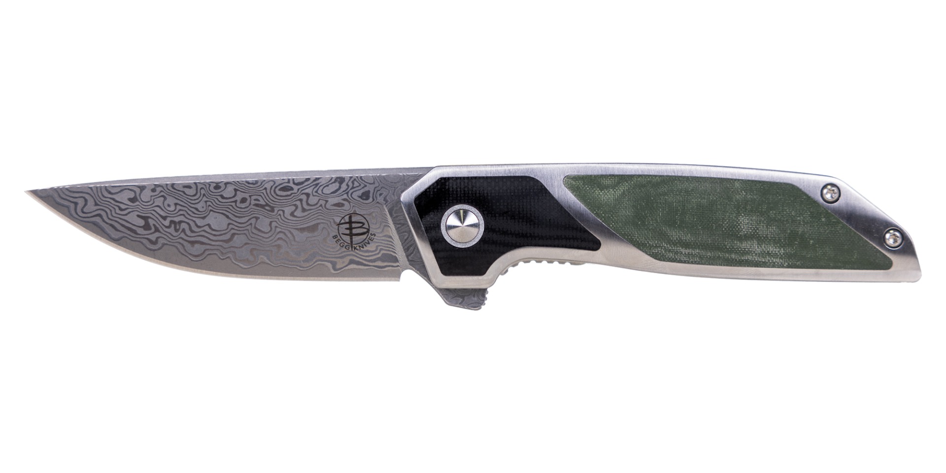 Begg Knives Diamici Damascus Folding Drop Point Knife, Green - BG015M