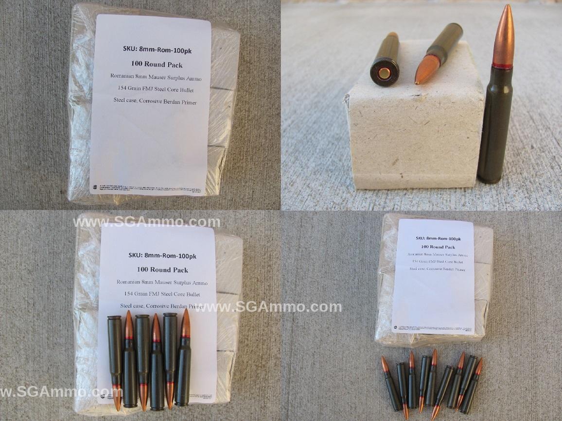 100 Round Pack – 8mm Mauser 154 Grain FMJ Steel Case Ammo Made in Romania