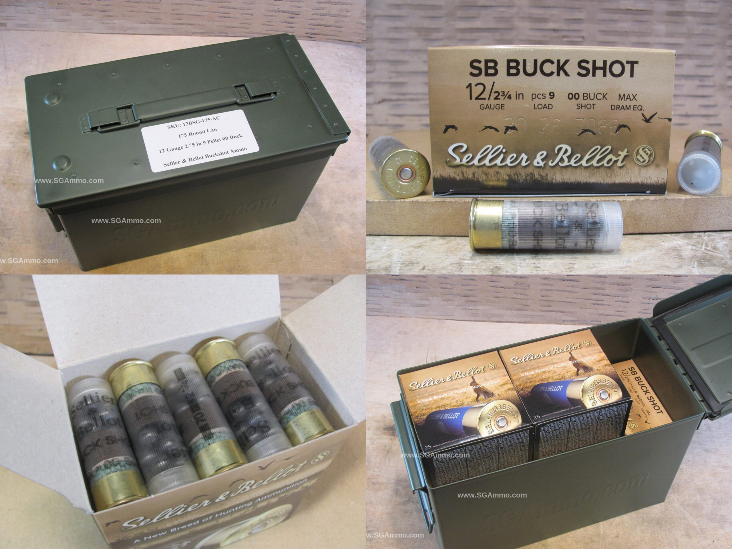 175 Round Ammo Can – 12 Gauge Sellier Bellot 2.75 Inch 9 Pellet OO Buckshot Ammo – SB12BSG – Packed in M2A1 Canister
