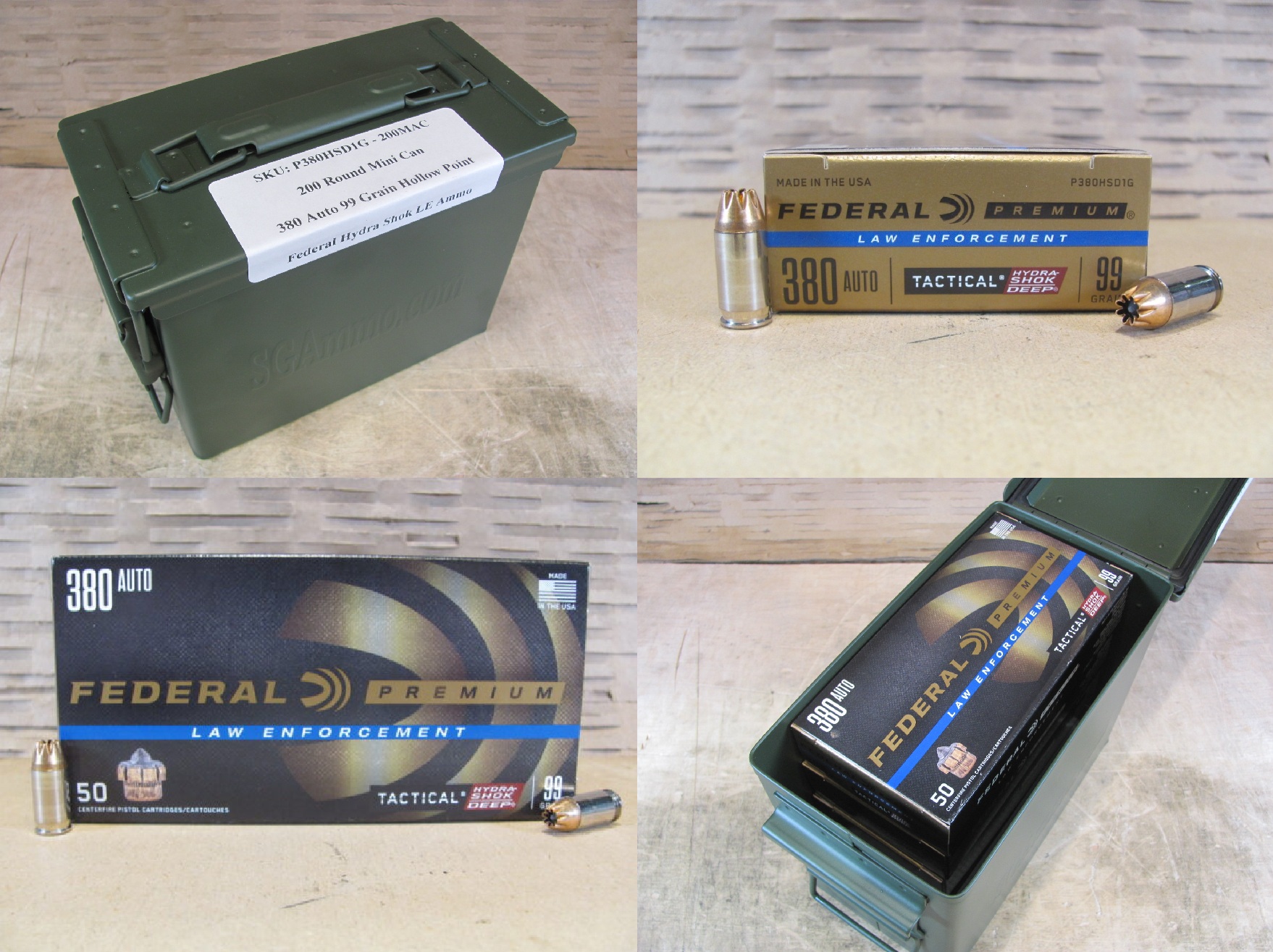 200 Round Can – 380 Auto 99 Grain Hollow Point Federal Hydra Shok LE Ammo – P380HSD1G – Packed in Mini Canister