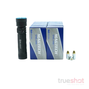 BUNDLE DEAL: Black Olight Seeker 4 Pro High Power Flashlight and 500 Rounds of Ammo - Magtech 9mm 115 Grain Steel