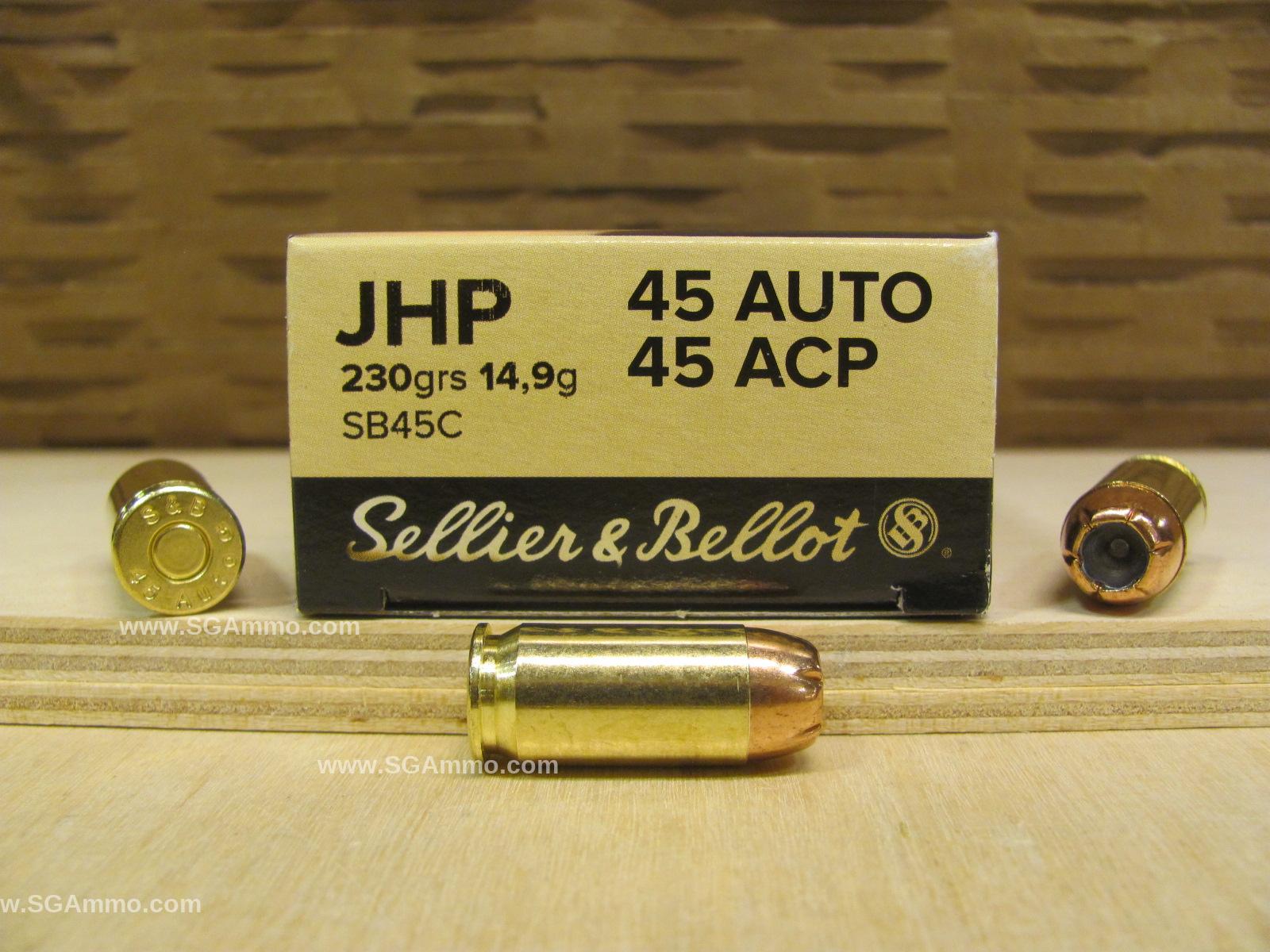 1000 Round Case – 45 Auto 230 Grain JHP Hollow Point Ammo by Sellier Bellot – SB45C