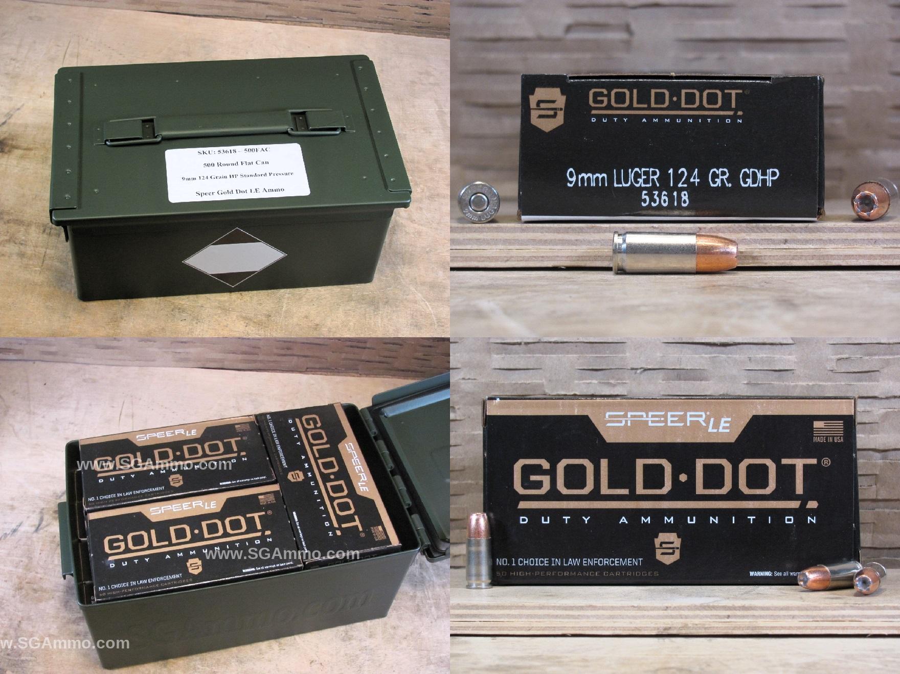 500 Round Flat Can – 9mm Speer Gold Dot 124 Grain Standard Pressure LE Hollow Point Ammo – 53618 – Packed in Metal Canister
