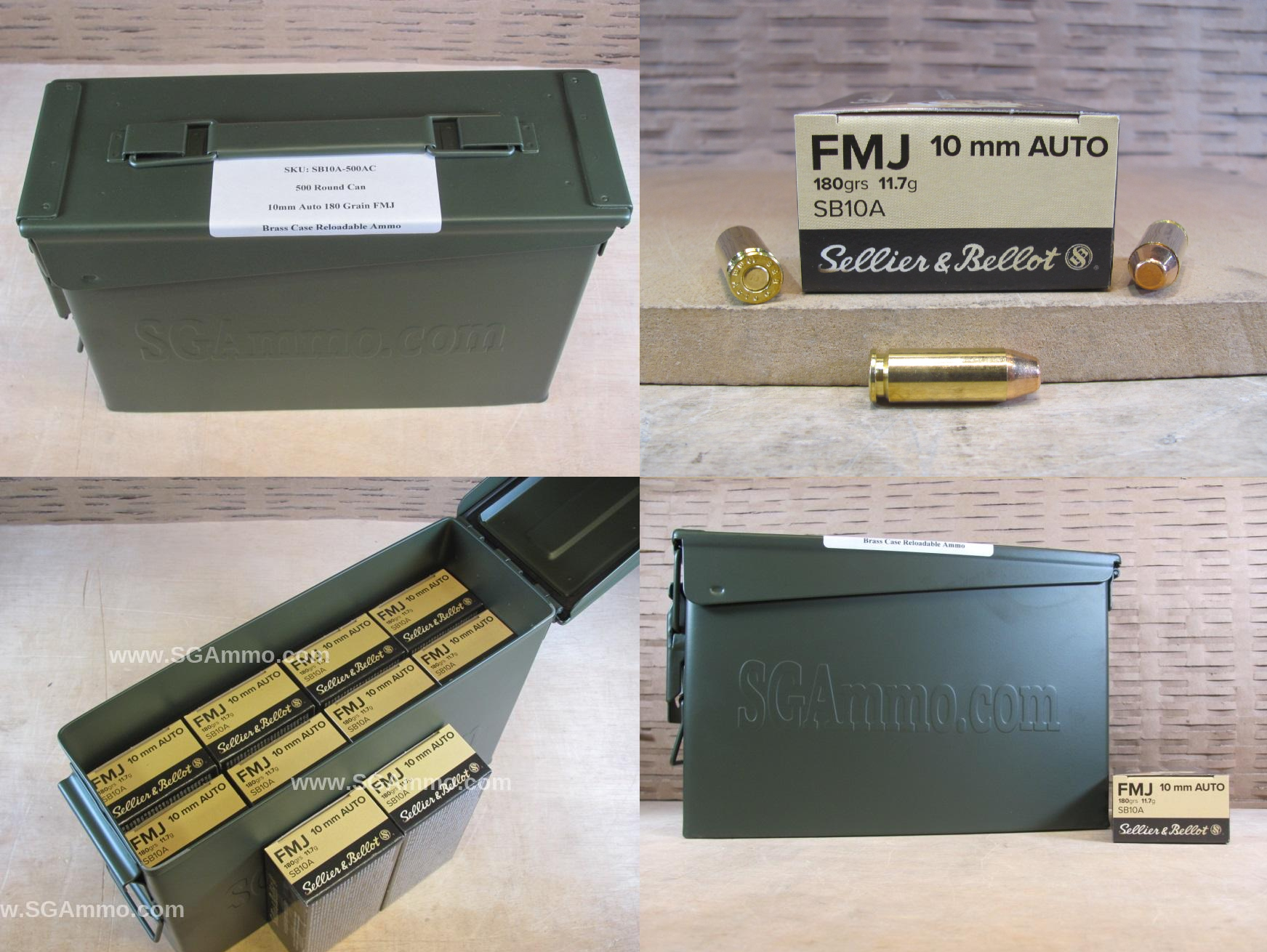 500 Round Can – 10mm Auto 180 Grain FMJ Ammo By Sellier Bellot – SB10A – Packed in M19A1 Canister