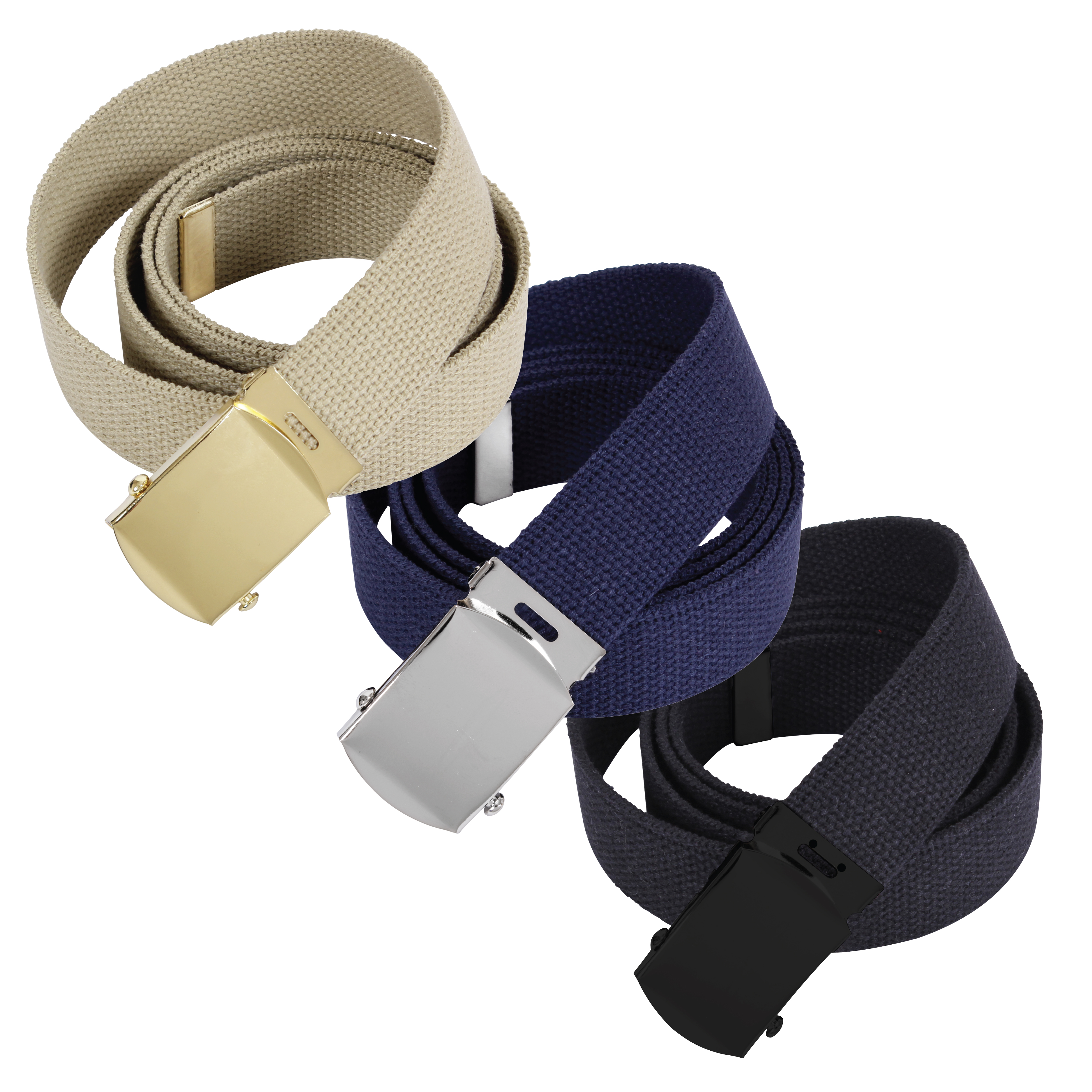 Rothco Web Belts In 3 Pack - Khaki - Navy Blue - Black, 44 In