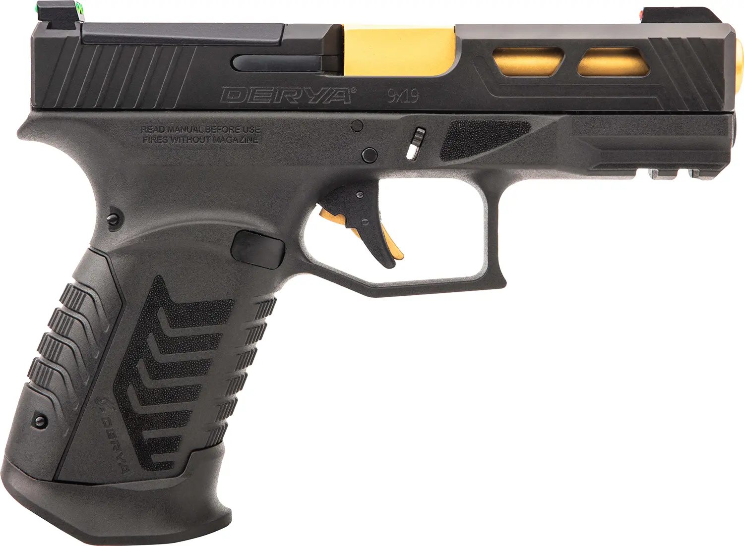 Derya Firearms DY9GUS DY9 9mm Luger 15+1 4.02" Gold TiN Steel Barrel, Black Nitride Optics Ready/Serrated Alloy Steel Slide, Black Polymer Frame w/Accessory Rail, Black Interchangeable Backstrap Grip
