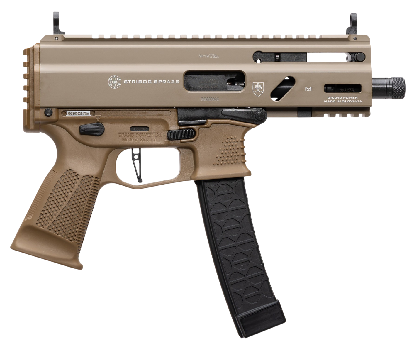 Grand Power Stribog SP9A3S 9mm 5" 30rds, Flat Dark Earth